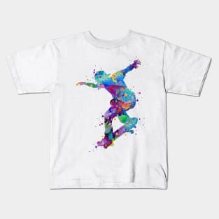 Boy Skateboard Colorful Watercolor Silhouette Kids T-Shirt